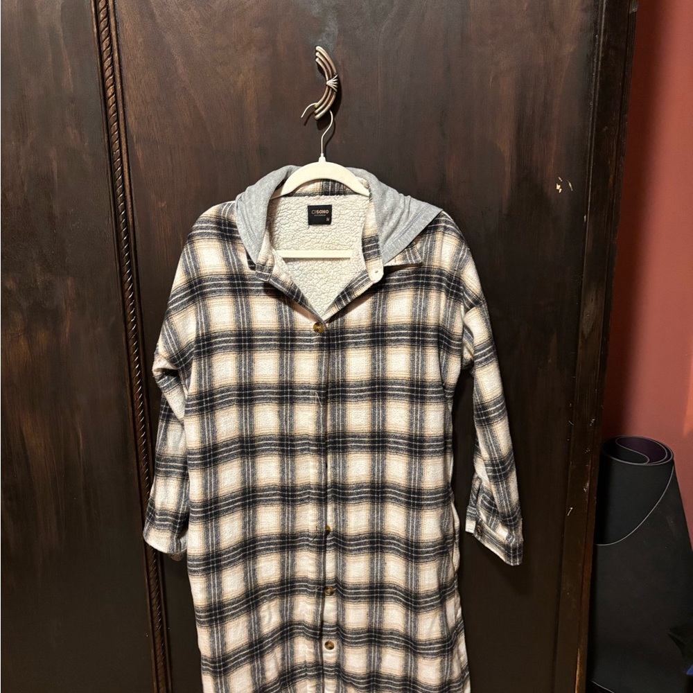 Gray Plaid Hooded Extra Long Flannel